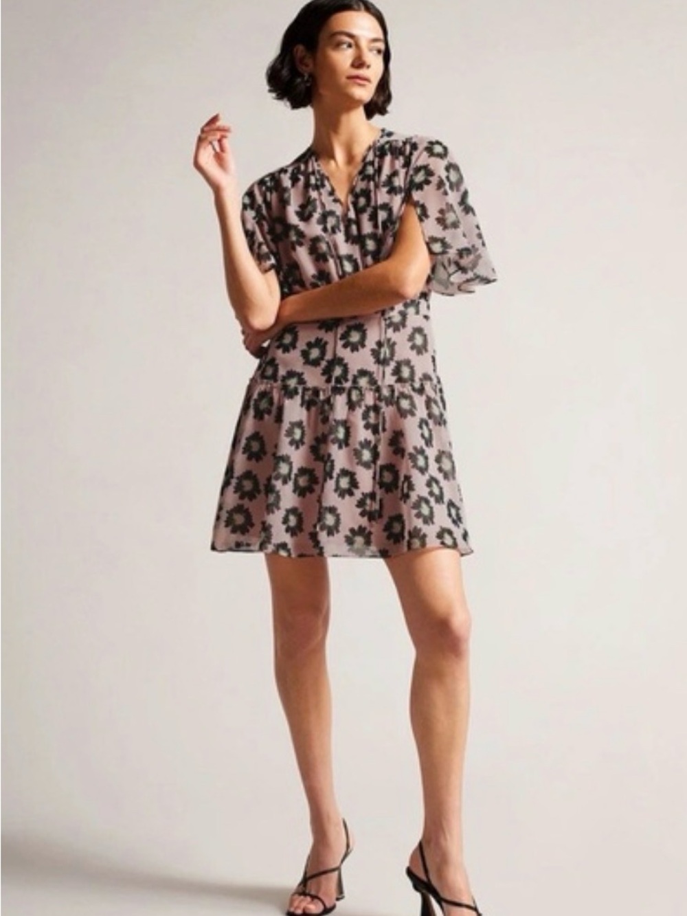 Ted Baker Lucieey Floral Print Mini Dress in Dusty Pink SZ. 2